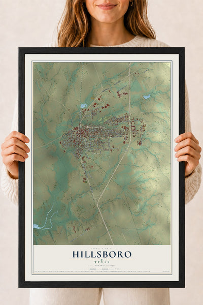Map of Hillsboro, Texas, 18 x 24 inch print in a black wood frame