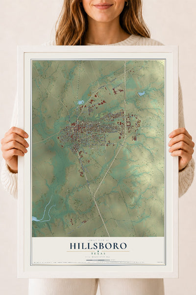 Map of Hillsboro, Texas, 18 x 24 inch print in a white wood frame
