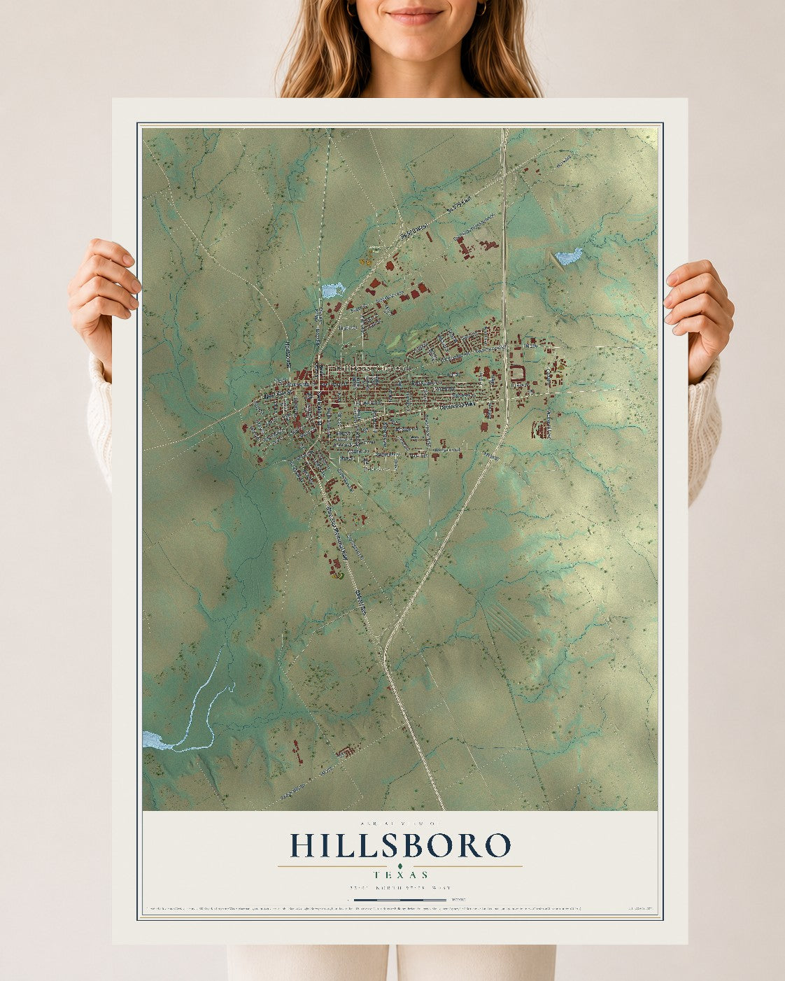 Map of Hillsboro, Texas, 24 x 36 inch unframed archival matte print