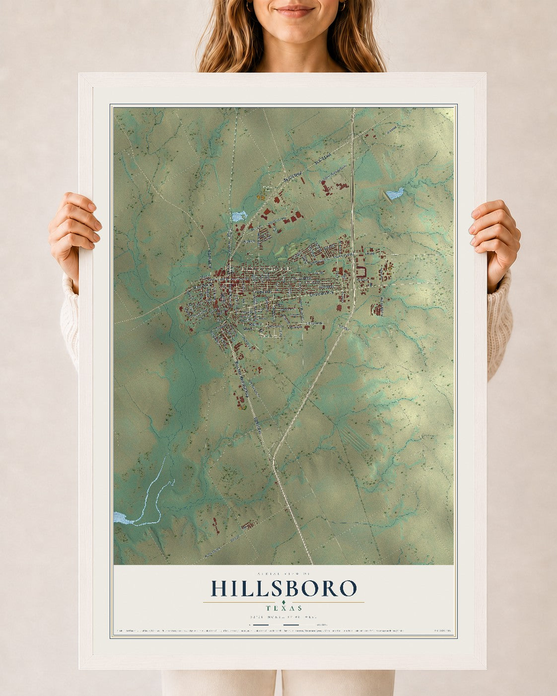 Map of Hillsboro, Texas, 24 x 36 inch print in a white wood frame
