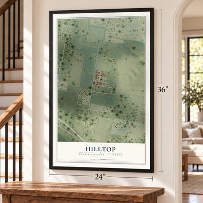 Hilltop, Starr County, Texas map, 24 x 36 inch print in a black frame by a staircase