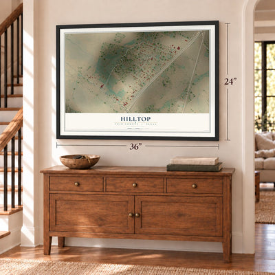 Hilltop, Frio County, Texas map, 24 x 36 inch print in a black frame above a dresser by a staircase