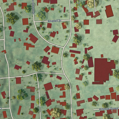 Close-up of the map of Hilshire Village, Texas print showing street and building detail
