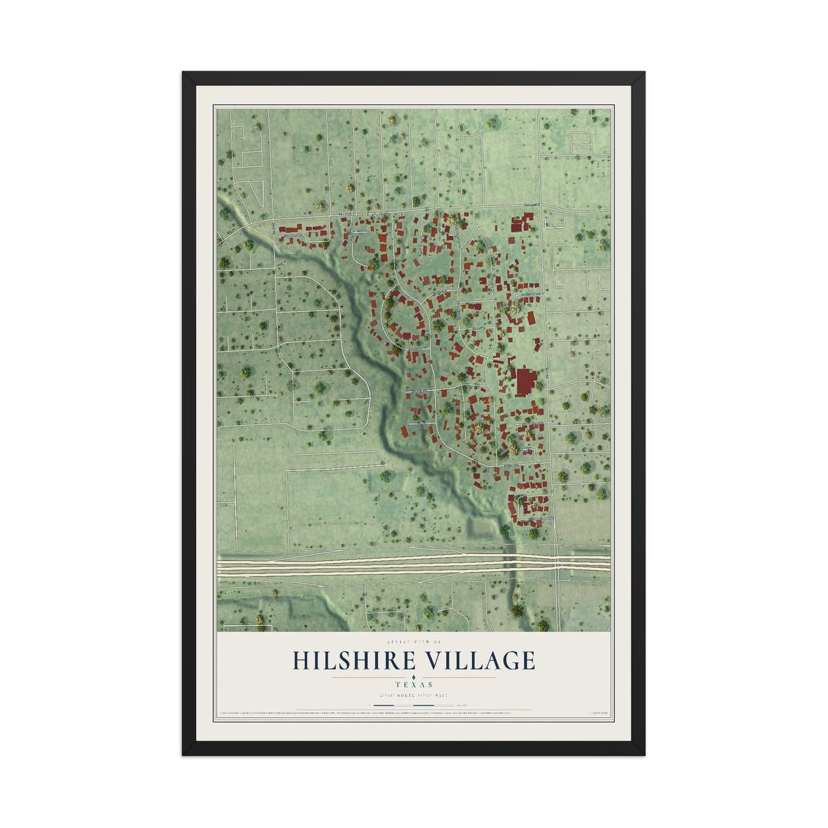 Map of Hilshire Village, Texas, 12 x 18 inch print in a black wood frame
