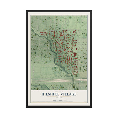 Map of Hilshire Village, Texas, 12 x 18 inch print in a black wood frame