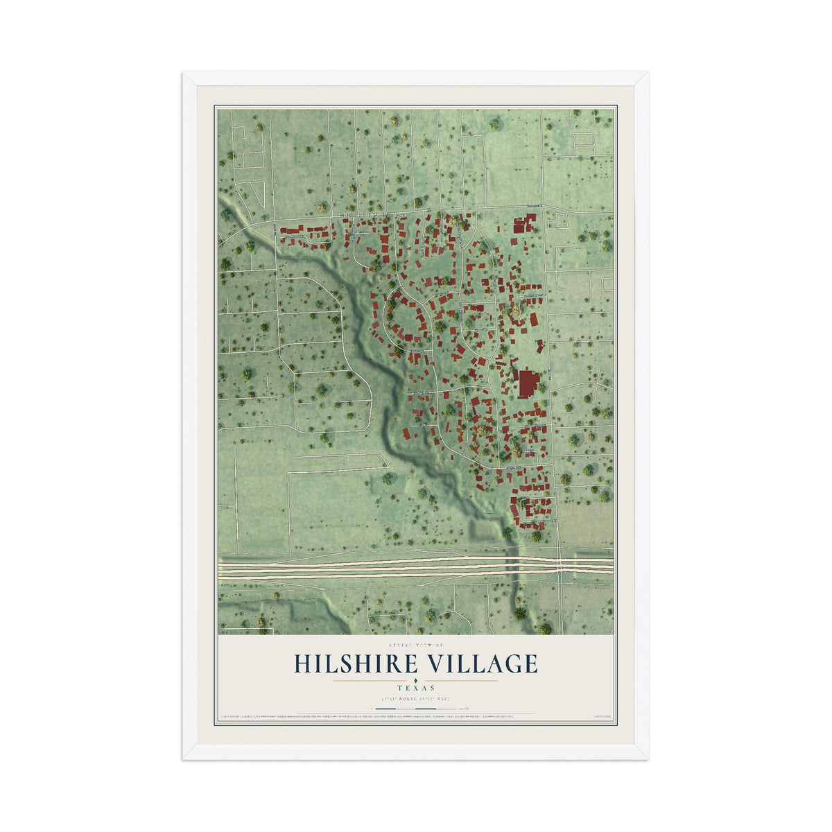 Map of Hilshire Village, Texas, 12 x 18 inch print in a white wood frame