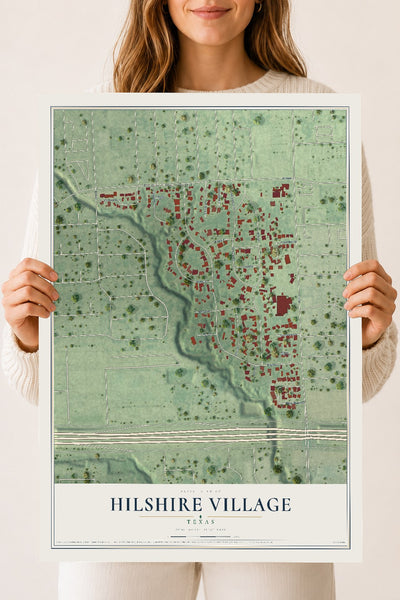Map of Hilshire Village, Texas, 18 x 24 inch unframed archival matte print