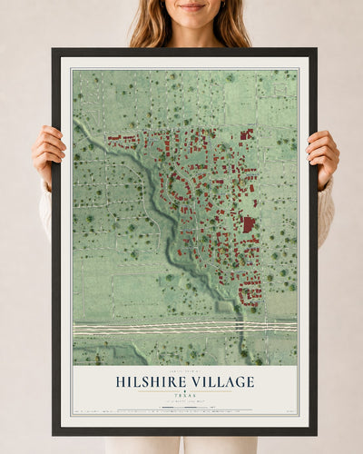 Map of Hilshire Village, Texas, 24 x 36 inch print in a black wood frame
