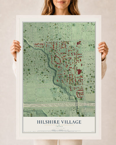 Map of Hilshire Village, Texas, 24 x 36 inch print in a white wood frame