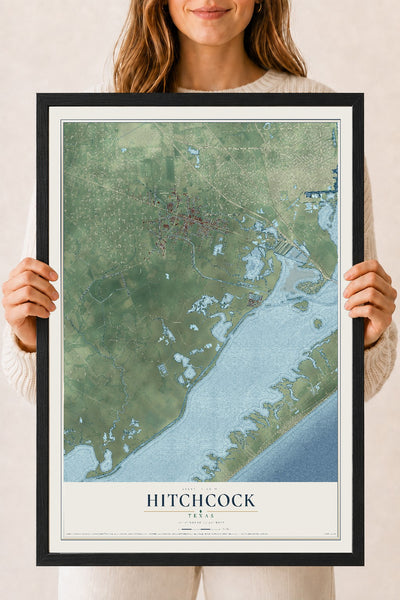 Map of Hitchcock, Texas, 18 x 24 inch print in a black wood frame