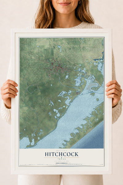 Map of Hitchcock, Texas, 18 x 24 inch print in a white wood frame