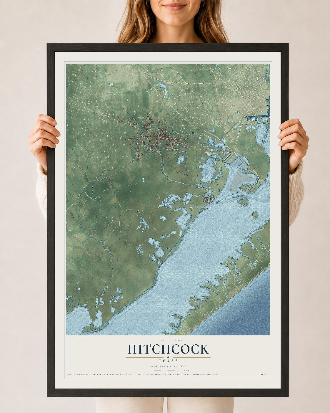 Map of Hitchcock, Texas, 24 x 36 inch print in a black wood frame