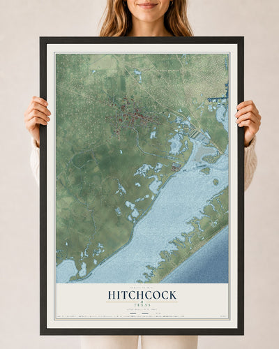 Map of Hitchcock, Texas, 24 x 36 inch print in a black wood frame