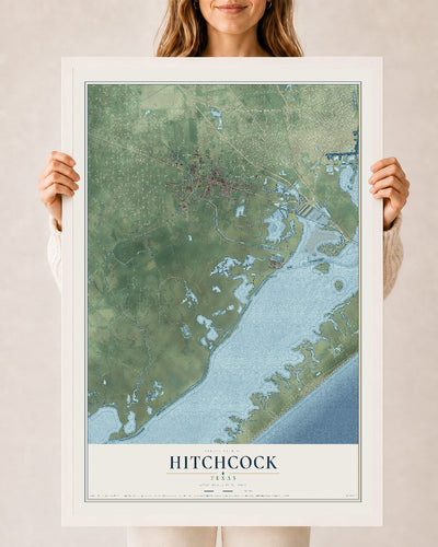 Map of Hitchcock, Texas, 24 x 36 inch print in a white wood frame