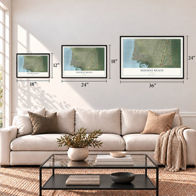 Holiday Beach, Texas map in 12 x 18, 18 x 24 and 24 x 36 inch sizes above a sofa
