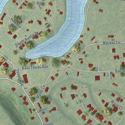 Close-up of the map of Holiday Lakes, Texas print showing street and building detail