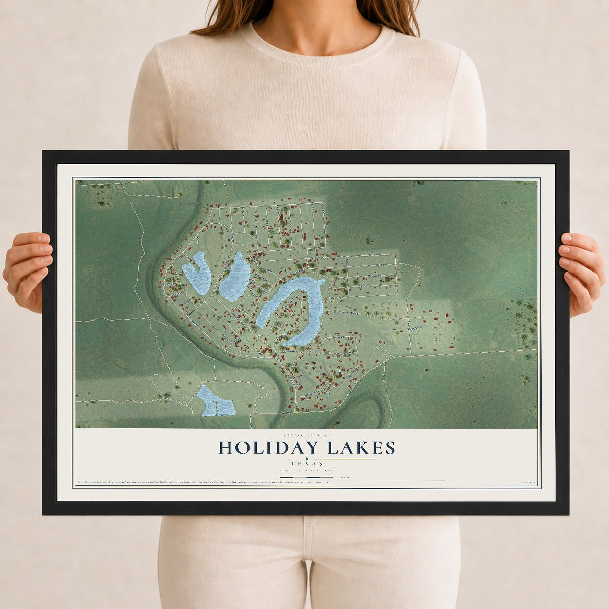 Map of Holiday Lakes, Texas, 12 x 18 inch print in a black wood frame