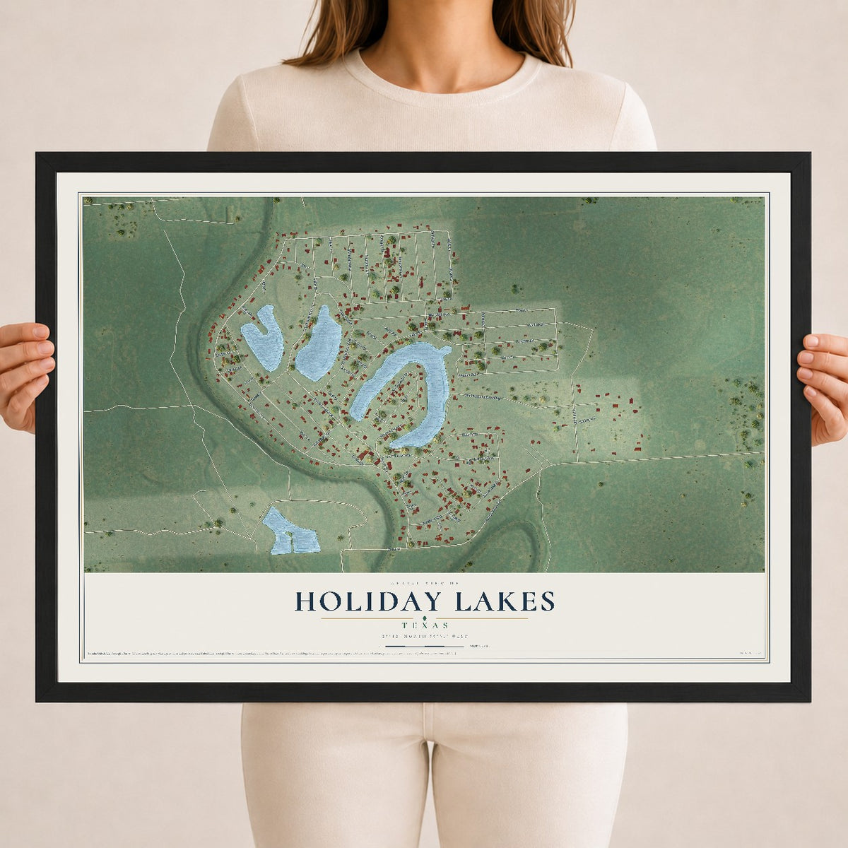 Map of Holiday Lakes, Texas, 18 x 24 inch print in a black wood frame