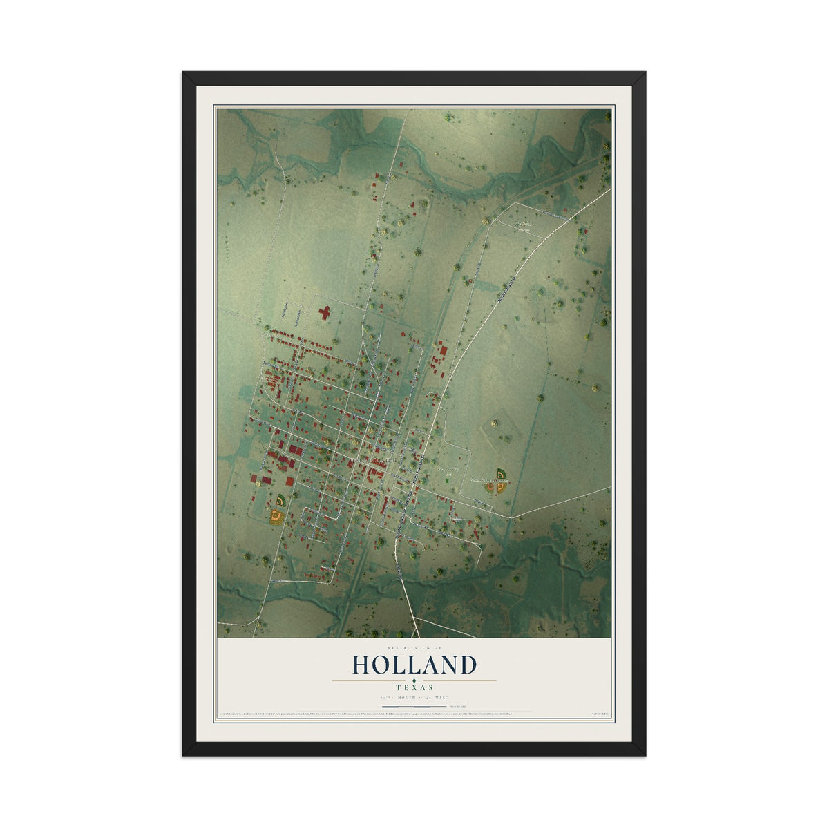 Map of Holland, Texas, 12 x 18 inch print in a black wood frame