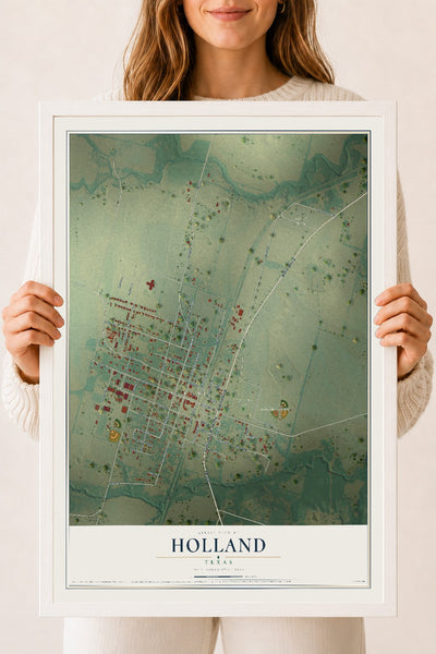Map of Holland, Texas, 18 x 24 inch print in a white wood frame