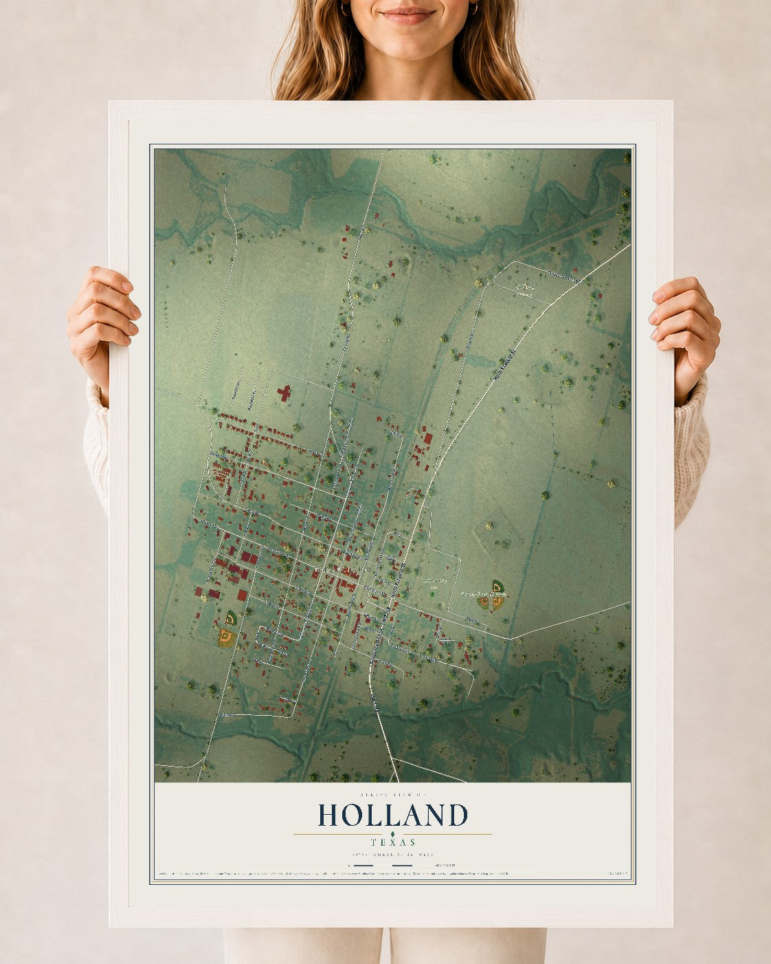 Map of Holland, Texas, 24 x 36 inch print in a white wood frame