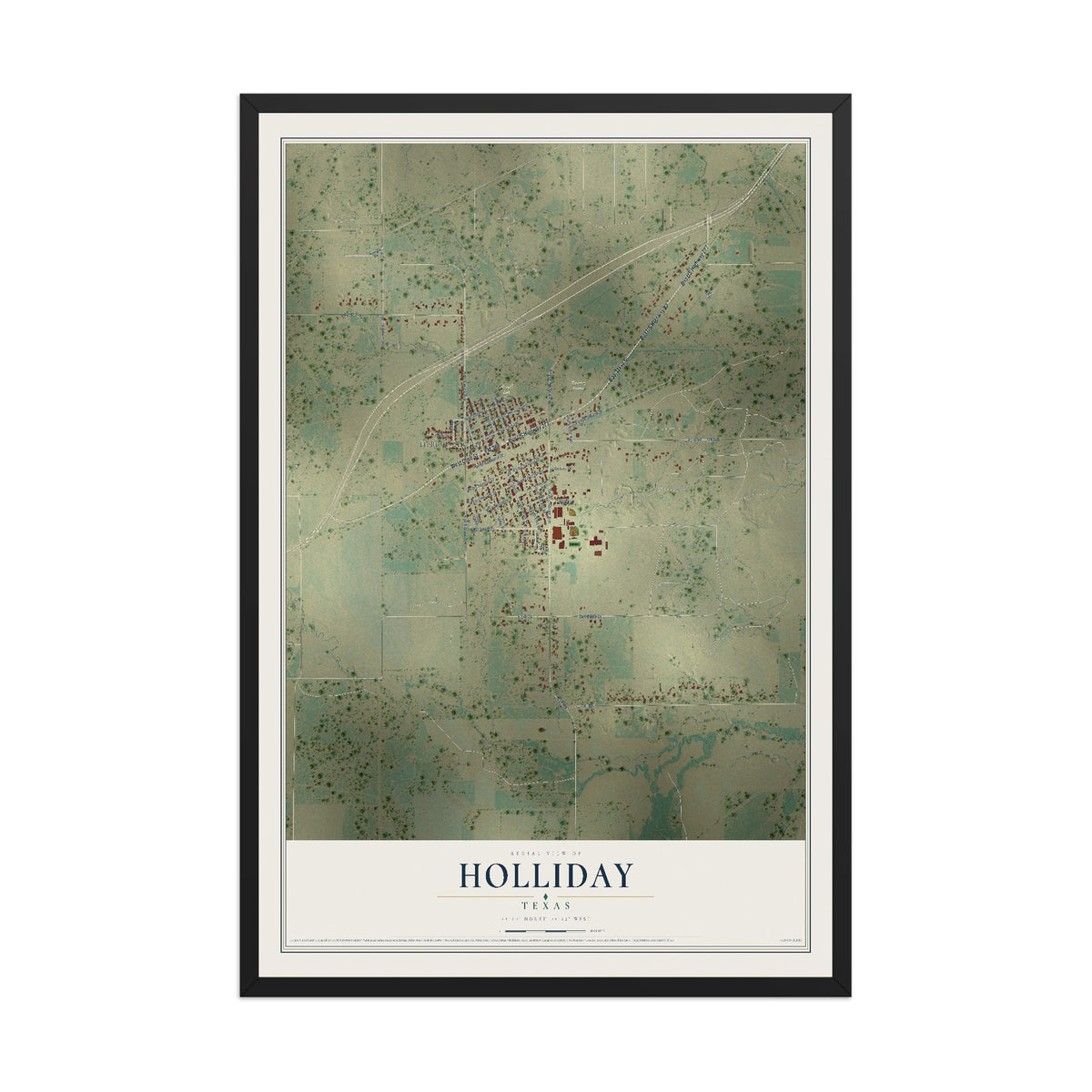 Map of Holliday, Texas, 12 x 18 inch print in a black wood frame