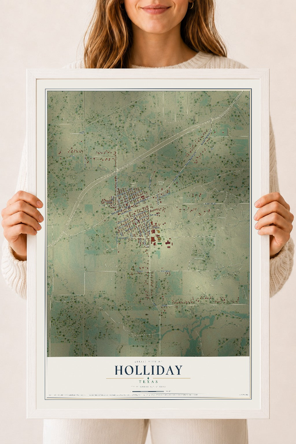 Map of Holliday, Texas, 18 x 24 inch print in a white wood frame