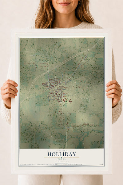 Map of Holliday, Texas, 18 x 24 inch print in a white wood frame