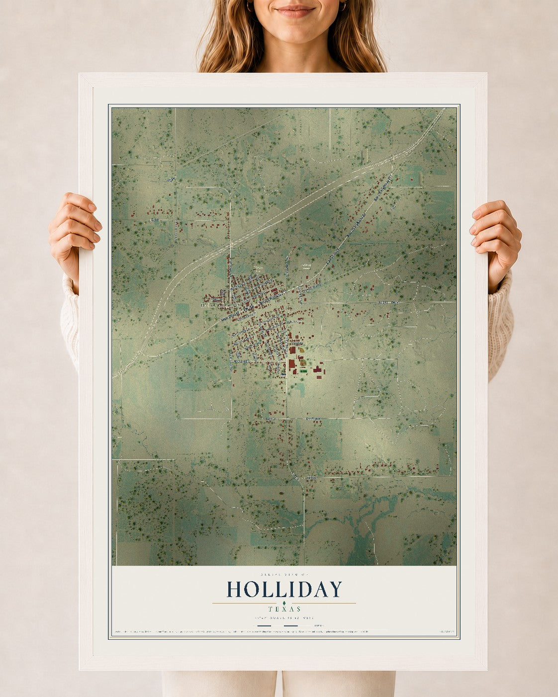 Map of Holliday, Texas, 24 x 36 inch print in a white wood frame