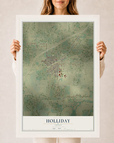 Map of Holliday, Texas, 24 x 36 inch print in a white wood frame