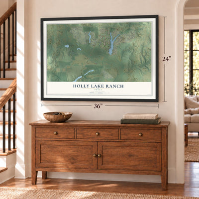 Holly Lake Ranch, Texas map, 24 x 36 inch print in a black frame above a dresser by a staircase
