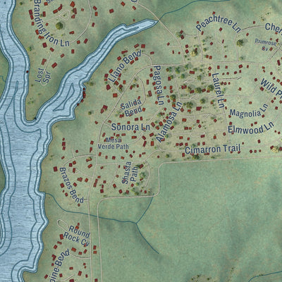Close-up of the map of Holly Lake Ranch, Texas print showing street and building detail