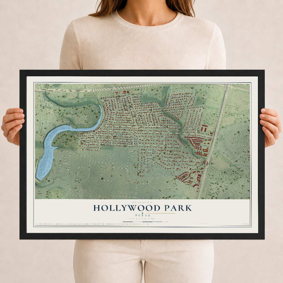Map of Hollywood Park, Texas, 12 x 18 inch print in a black wood frame
