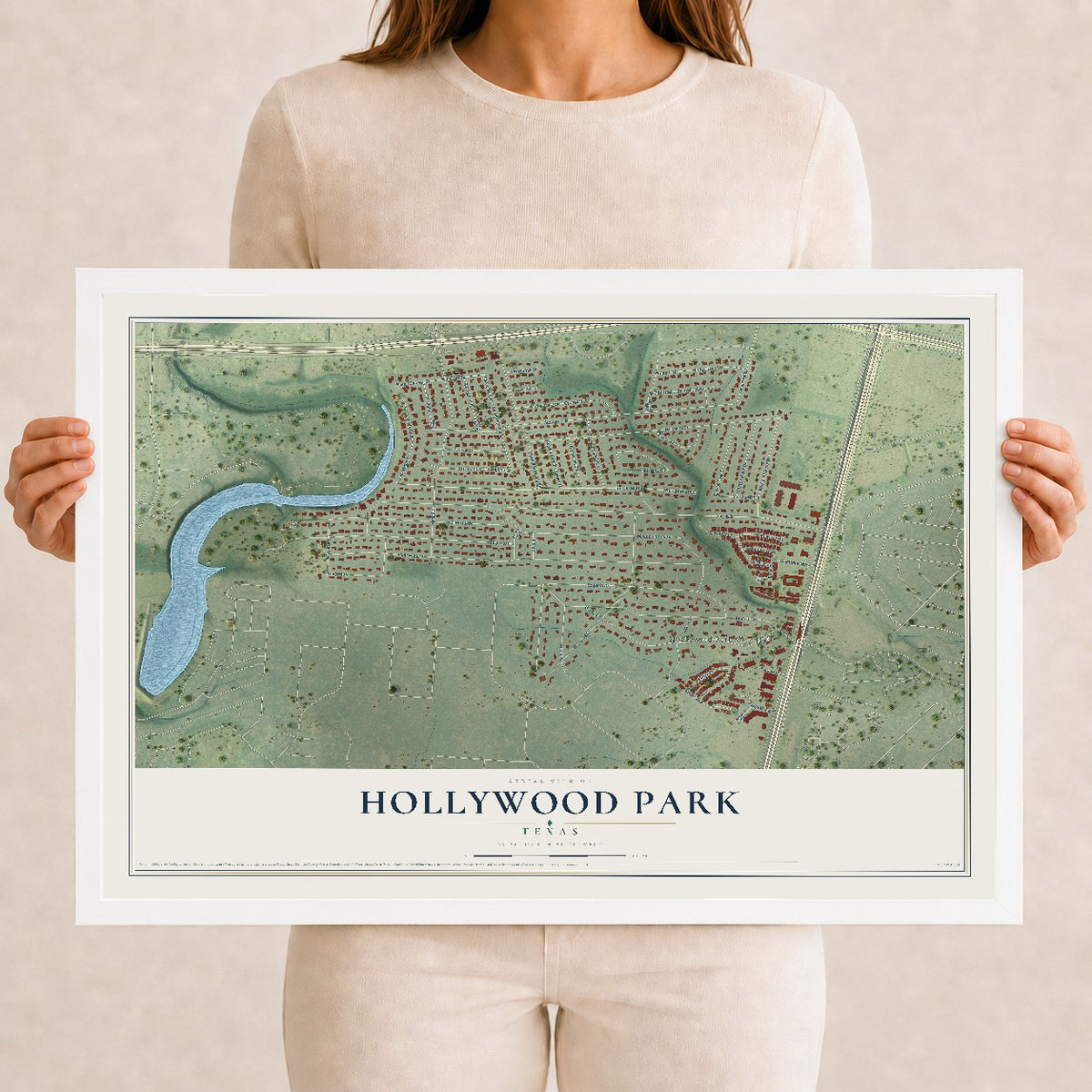 Map of Hollywood Park, Texas, 12 x 18 inch print in a white wood frame