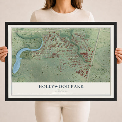 Map of Hollywood Park, Texas, 18 x 24 inch print in a black wood frame