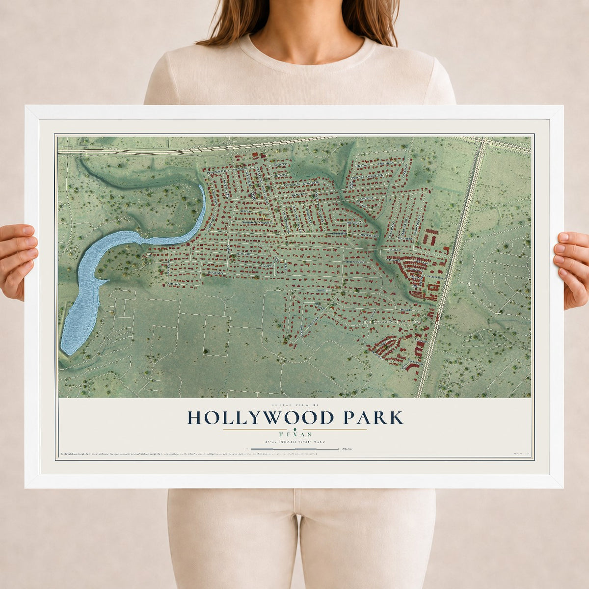 Map of Hollywood Park, Texas, 18 x 24 inch print in a white wood frame