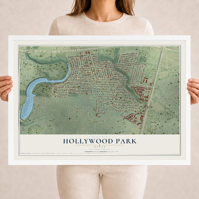 Map of Hollywood Park, Texas, 18 x 24 inch print in a white wood frame