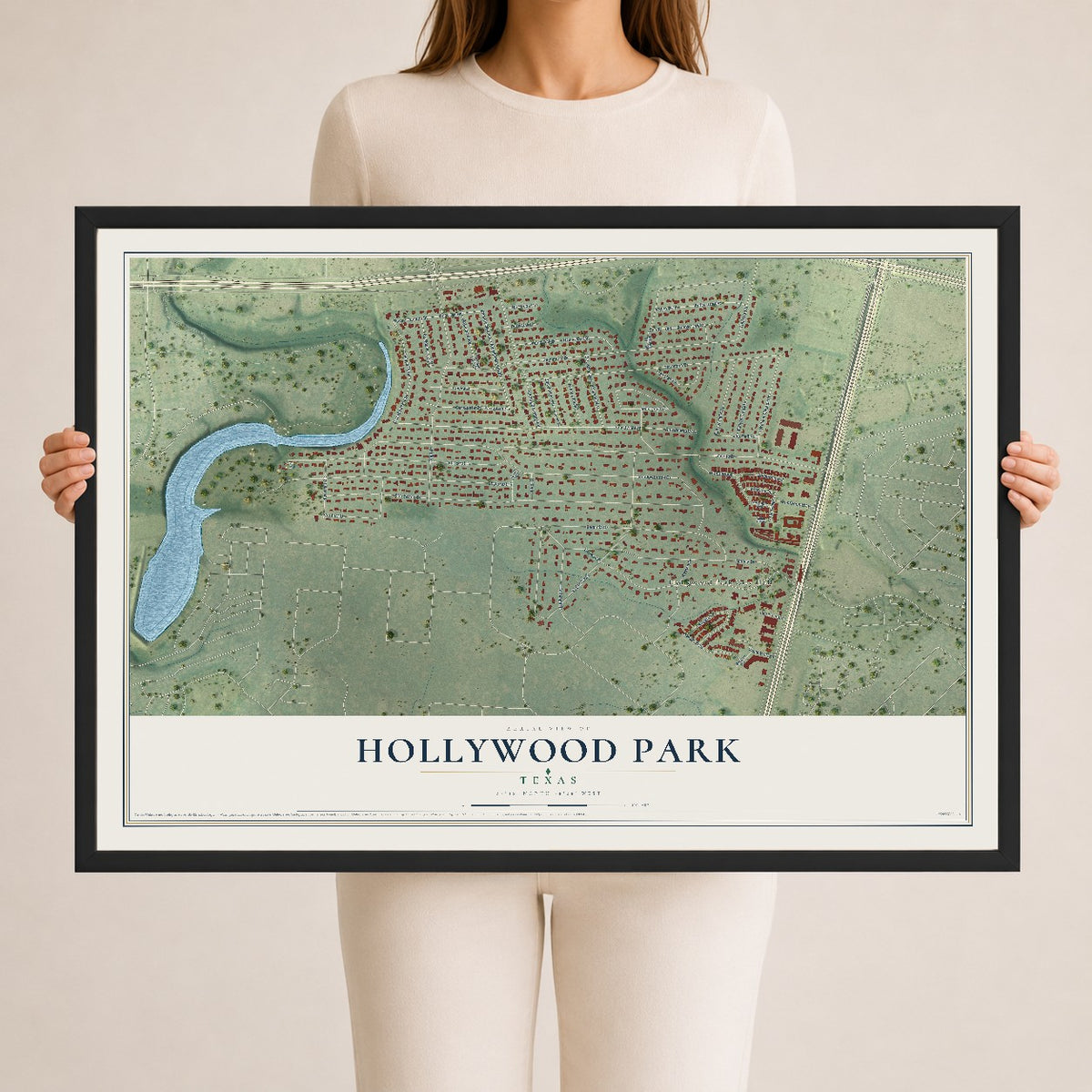 Map of Hollywood Park, Texas, 24 x 36 inch print in a black wood frame