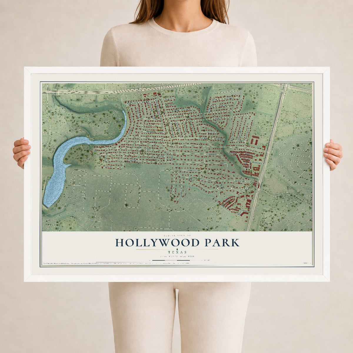 Map of Hollywood Park, Texas, 24 x 36 inch print in a white wood frame