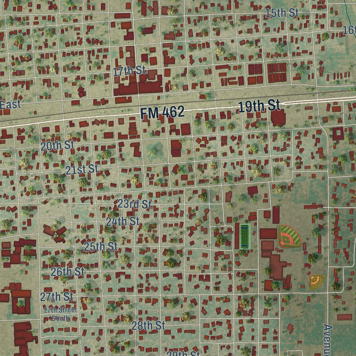 Close-up of the map of Hondo, Texas print showing street and building detail