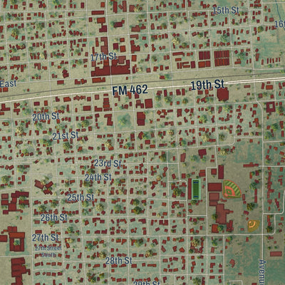 Close-up of the map of Hondo, Texas print showing street and building detail