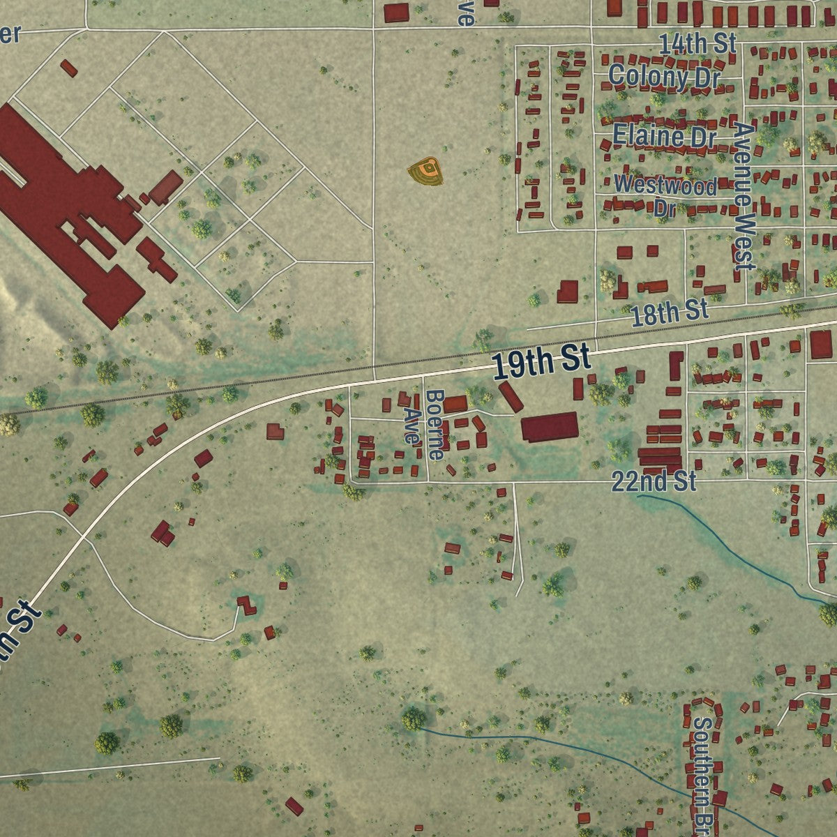 Second close-up of the map of Hondo, Texas print showing more streets and buildings