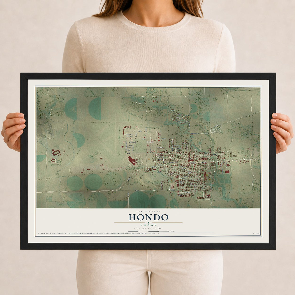 Map of Hondo, Texas, 12 x 18 inch print in a black wood frame
