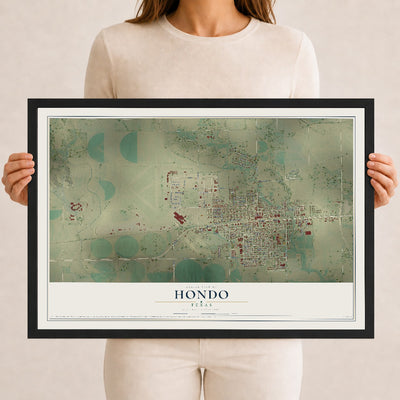 Map of Hondo, Texas, 12 x 18 inch print in a black wood frame
