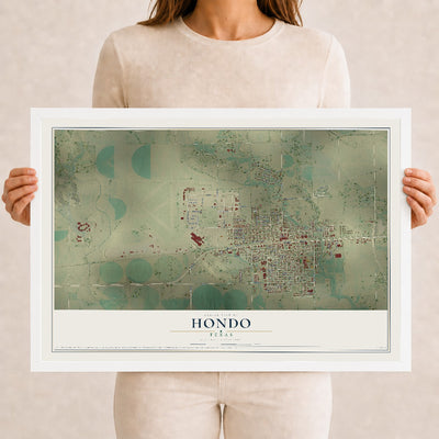 Map of Hondo, Texas, 12 x 18 inch print in a white wood frame