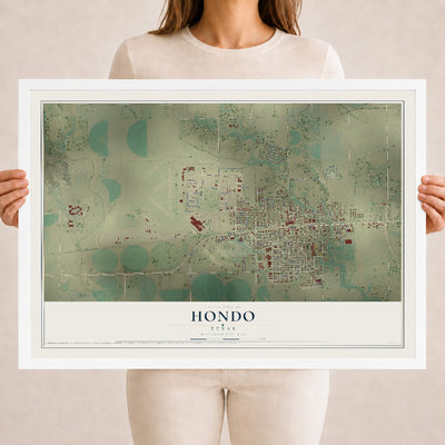 Map of Hondo, Texas, 18 x 24 inch print in a white wood frame