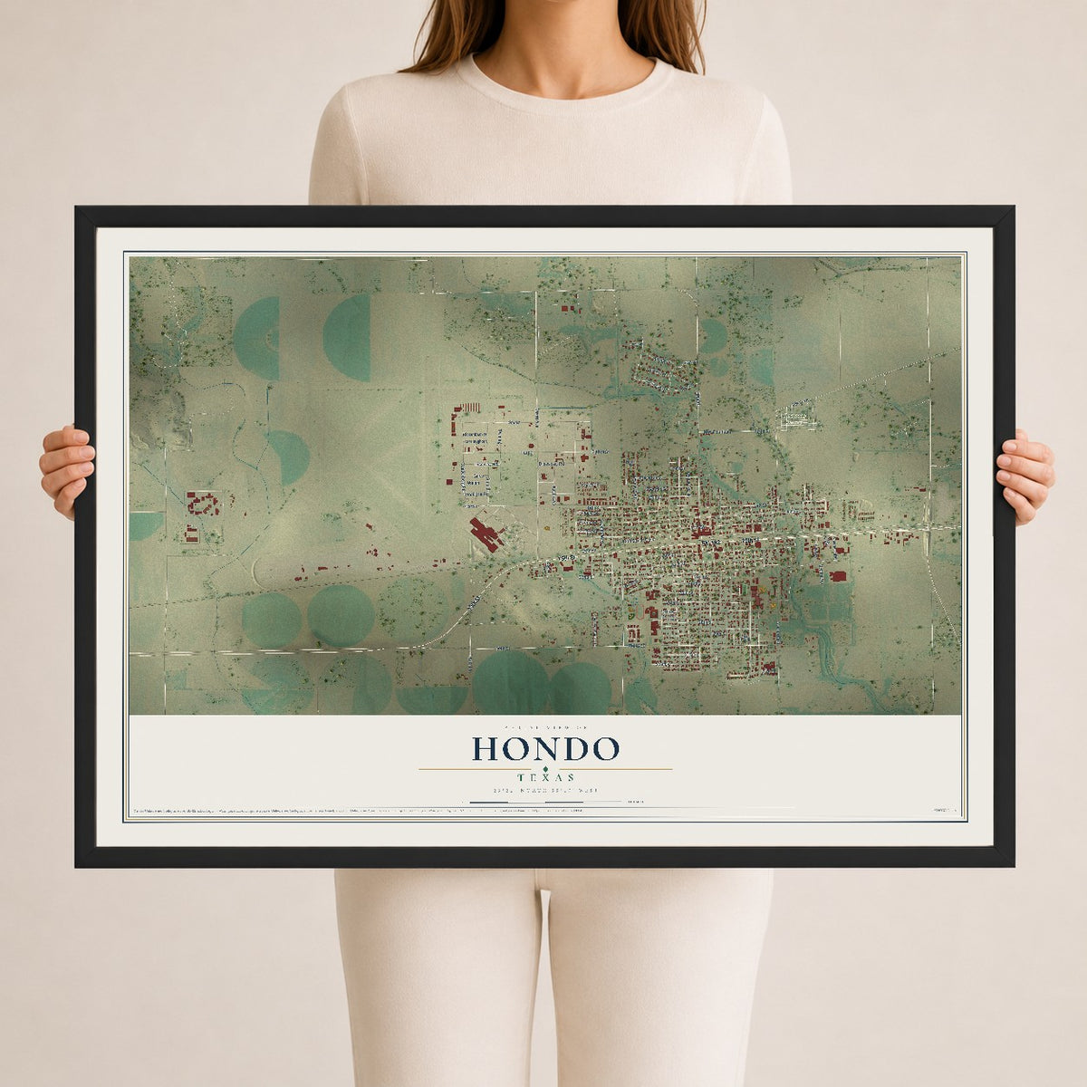 Map of Hondo, Texas, 24 x 36 inch print in a black wood frame