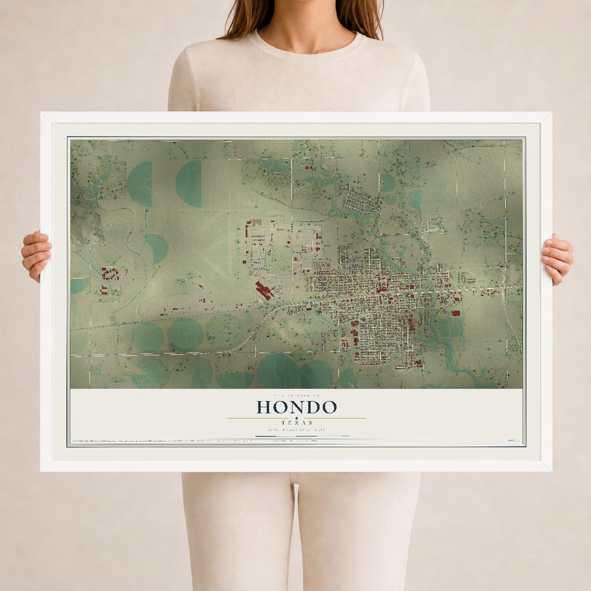 Map of Hondo, Texas, 24 x 36 inch print in a white wood frame
