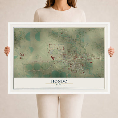 Map of Hondo, Texas, 24 x 36 inch print in a white wood frame