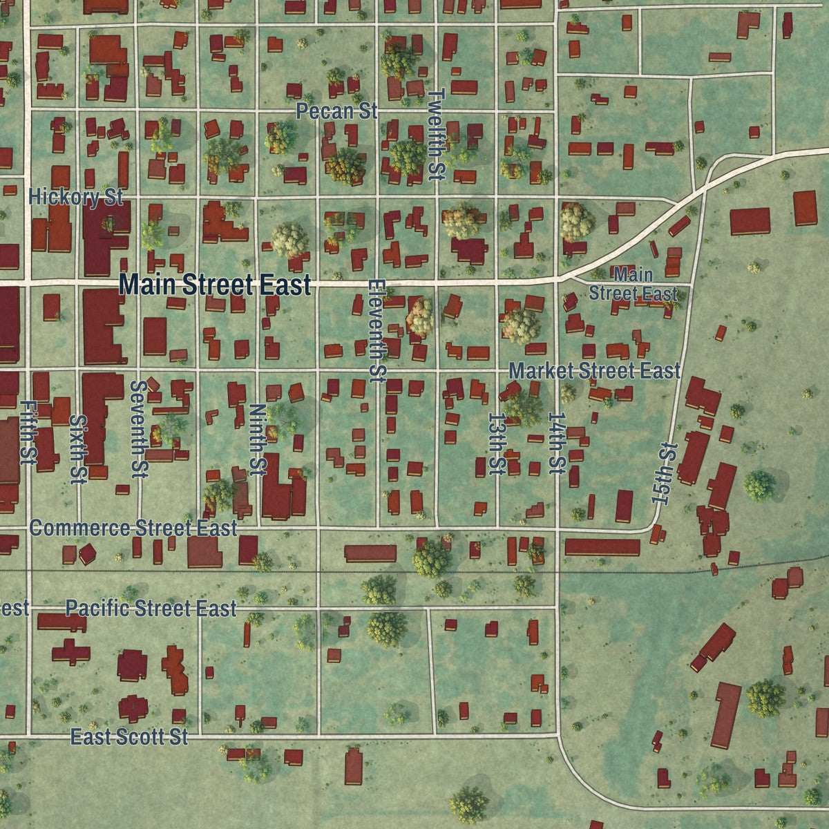 Close-up of the map of Honey Grove, Texas print showing street and building detail